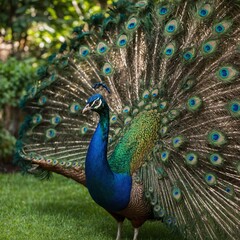 Obraz premium A vibrant peacock spreading its feathers in a lush green garden.