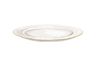 Watercolor vintage white empty plate for food with golden rim isolated on white background. Hand drawn illustration sketch