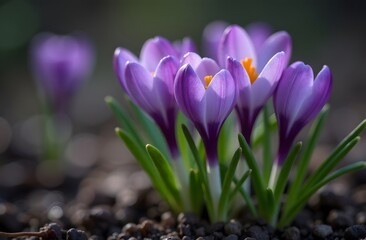 Fototapeta premium View of blooming spring flowers crocus growing in wildlife. Purple crocus growing.