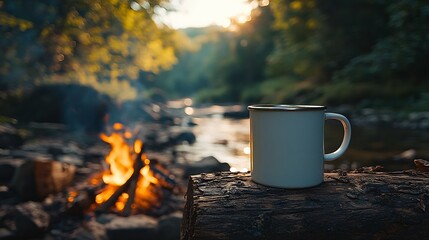 White enamel mug mockup on a wooden log by a bonfire, surrounded by a lush forest. Perfect for outdoor adventure-themed designs.