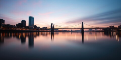 Fototapeta premium A stunning cityscape at dusk, featuring illuminated skyscrapers and a suspension bridge casting reflections on calm waters, symbolising progress and connection