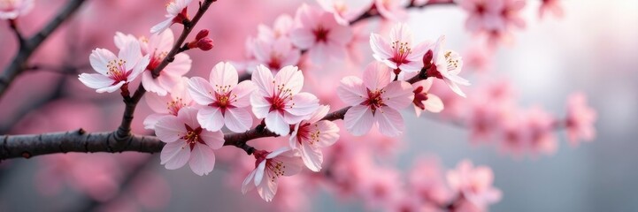 Naklejka premium Blooming cherry blossoms on a tranquil tree branch, blossom tree, flower petals