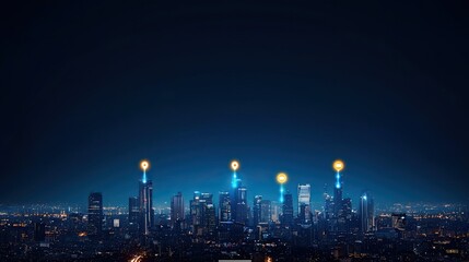 Naklejka premium A futuristic city skyline at night, illuminated by glowing orbs atop buildings, creating a vibrant and innovative atmosphere.