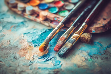 Fototapeta premium Artists paintbrushes and tubes of paint, arranged alongside a half-painted canvas and palette. Generative AI