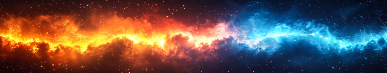 Cosmic nebula of vibrant colors in space. A colorful cosmic nebula stretches across the night sky, blending warm hues of orange and red with cool blues.