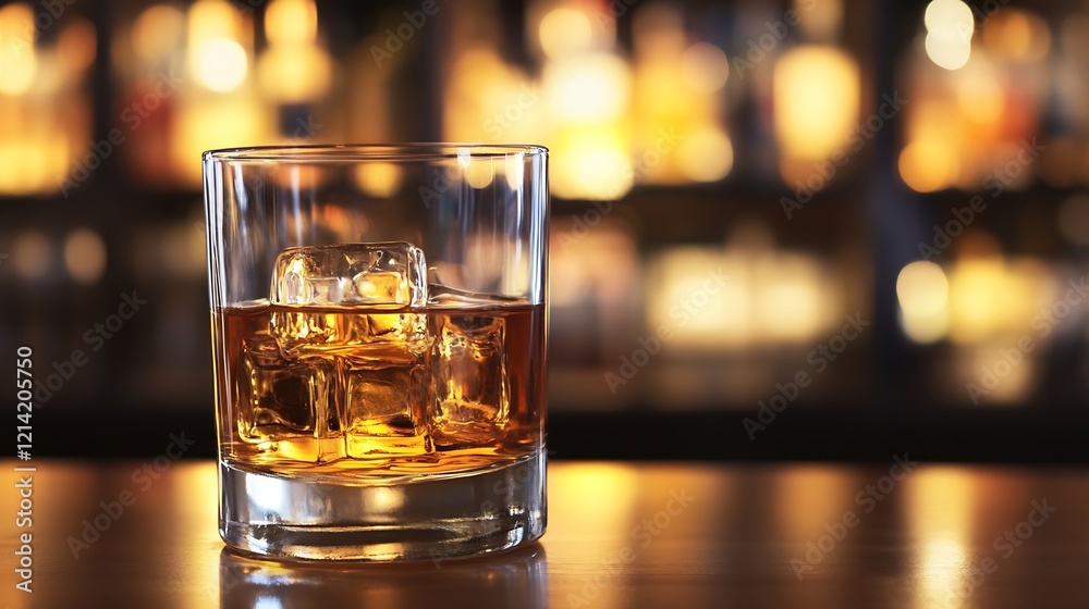 Poster Refreshing Whiskey with Ice Cubes in a Moodily Lit Bar Setting : Generative AI