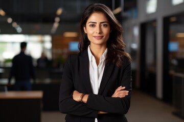 Fototapeta premium Professional Indian Woman with crossed arms in Modern Office Business Environment Portrait