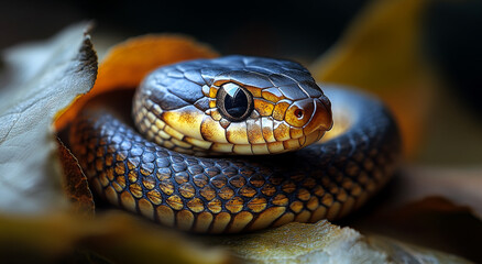 Fototapeta premium Colorful snake resting on autumn leaves. A vibrant snake coils among golden and brown leaves, displaying its intricate patterns and colors in a natural setting.