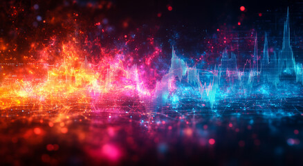 Obraz premium Colorful digital sound wave display. Vivid display of sound waves with dynamic colors representing audio frequencies in a digital format.