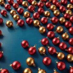 Obraz premium Blue background with scattered red and gold Christmas ornaments in a geometric pattern, colored ornaments, festive holiday decor