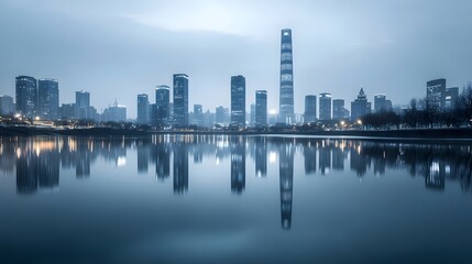 Obraz premium Monochrome Metropolis Reflected in Tranquil River Showcase Architectural Symmetry