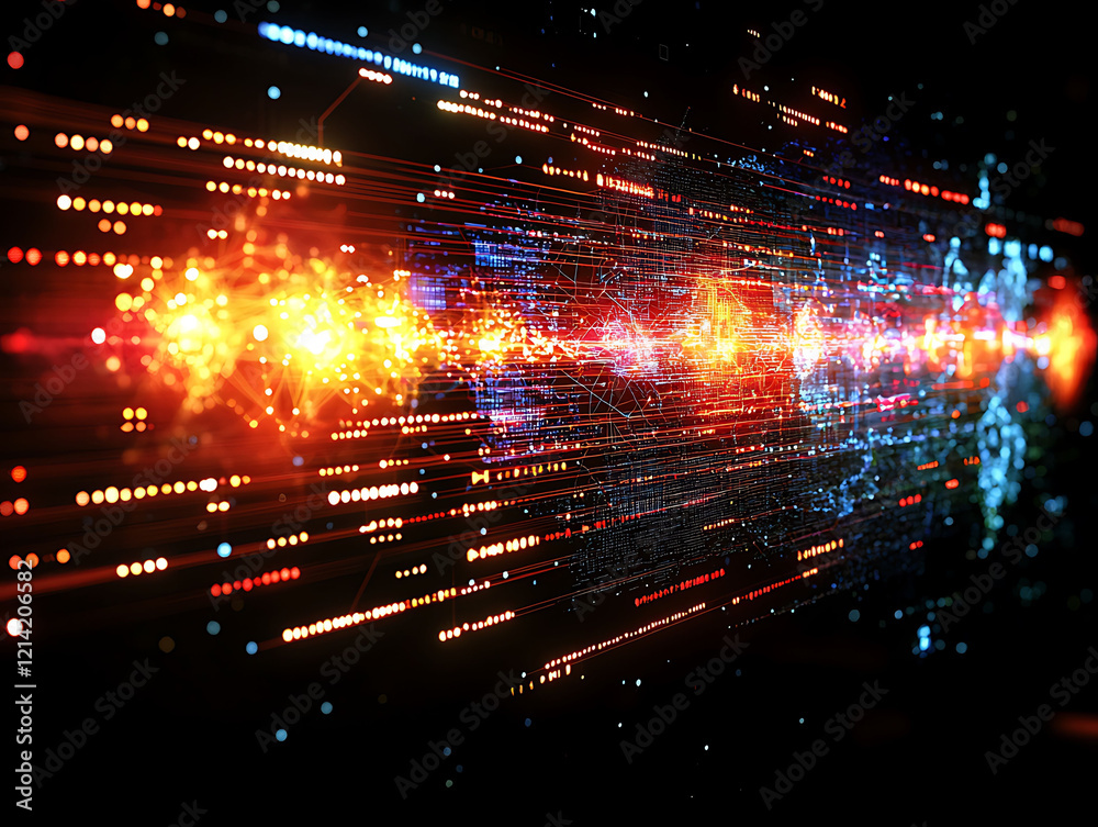 Aufkleber abstract digital data stream visualization. dynamic, glowing lines and nodes depict global network c