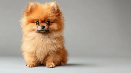 Fototapeta premium Fluffy Pomeranian puppy sitting, grey background, studio shot, pet portrait