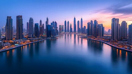 Fototapeta premium Symmetrical Skyline with Tall Reflective Buildings and Serene River at Sunset