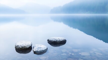 Tranquil Misty Lake with Smooth Stones and Soft Horizon : Generative AI