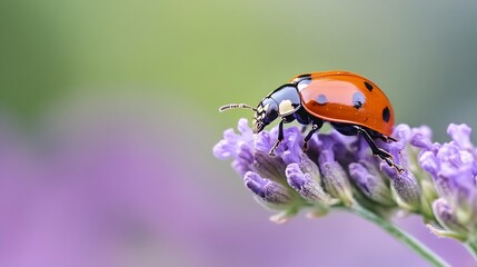 Obraz premium Vivid Ladybug on Lavender Flower in Bloom Under Natural Sunlight : Generative AI