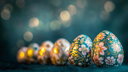 Colorful decorative eggs illuminated by a radiant golden beam on a dark background