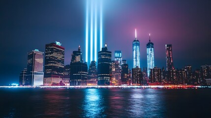 Obraz premium Dramatic Cityscape with Glowing Light Beams Piercing High-Rise Structures at Night