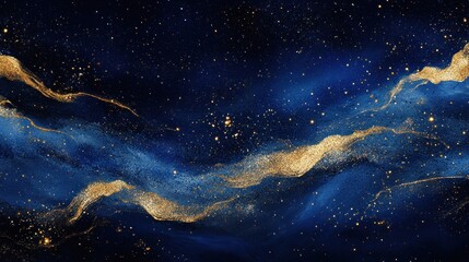Fototapeta premium Golden nebula swirls in deep blue space, cosmic art, website banner