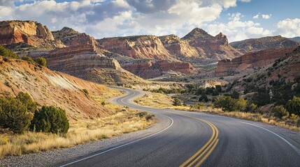 A scenic road winding through a mountainous landscape, perfect for a travel-themed photo