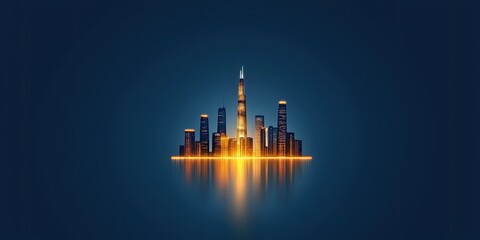 Obraz premium A glowing city skyline reflected on water, set against a deep blue background, showcasing modern architecture and vibrant lights.