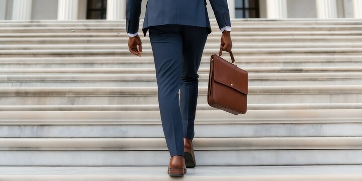 An empowering shot of a young lawyer descending the marble steps of a courthouse, carrying a stylish leather briefcase, with architectural grandeur as the backdrop