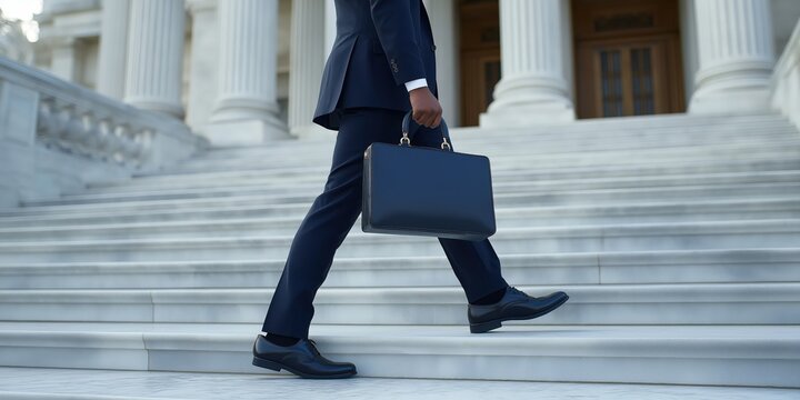 An empowering shot of a young lawyer descending the marble steps of a courthouse, carrying a stylish leather briefcase, with architectural grandeur as the backdrop