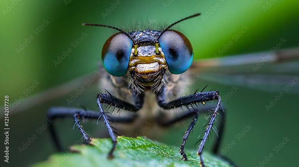 Poster Macro Shot of Vibrant BlueEyed Insect on Leaf from Front View with Detail on Enchanting Texture and Colors : Generative AI