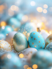 Whimsical arrangement of Easter-themed decorations with sparkling pastel colors