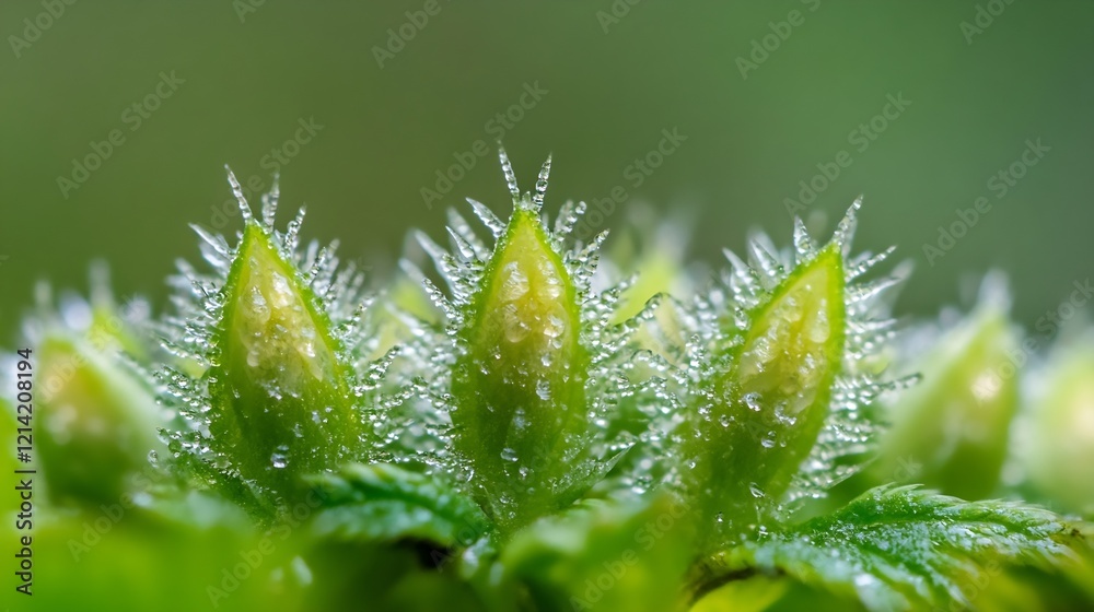 Poster macro photograph of green plant buds with dew drops in a lush natural setting : generative ai