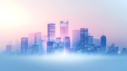 Obraz premium Enchanting Urban Skyline with Layered Skyscrapers Fading into Soft Mist
