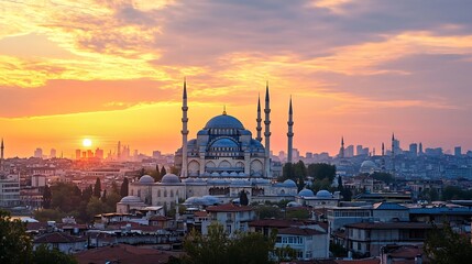 Obraz premium Scenic Sunset Over Historic Istanbul Skyline with Majestic Blue Mosque : Generative AI