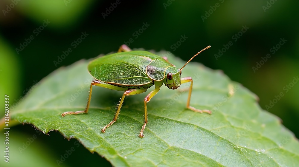 Poster Green Shield Bug Resting on a Leaf in Nature Macro Photography : Generative AI