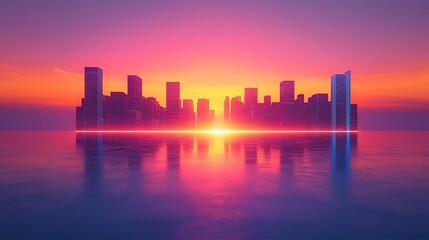 Fototapeta premium Futuristic Skyline Framed by Glowing Gradient Horizon at Sunset