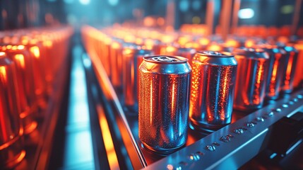 aluminum cans on a conveyor system, with reflections of factory lights and machinery, showcasing industrial technology.