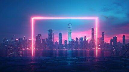Futuristic Cityscape Framed by Glowing Gradient Horizon in Abstract Geometric Skyline