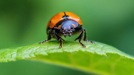 Fototapeta premium Orange and Black Ladybug on Leaf with Green Blurry Background Macro : Generative AI
