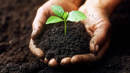 Hands Cradling a Small Green Plant in Dark Rich Soil