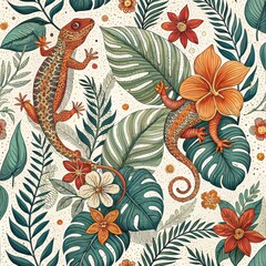 Tropical Floral Lizard Seamless Pattern Exotic Geckos Lush Leaves Vibrant Flowers