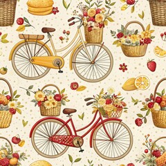 Fototapeta premium Charming Vintage Bikes with Flower Baskets Summer Fruit Seamless Pattern Design
