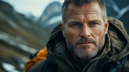 Confident Hiker Portrait Against Majestic Mountain Landscape