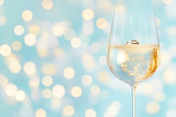 A wedding ring rests in a glass of champagne with golden bubbles and soft bokeh, creating a celebratory vibe.