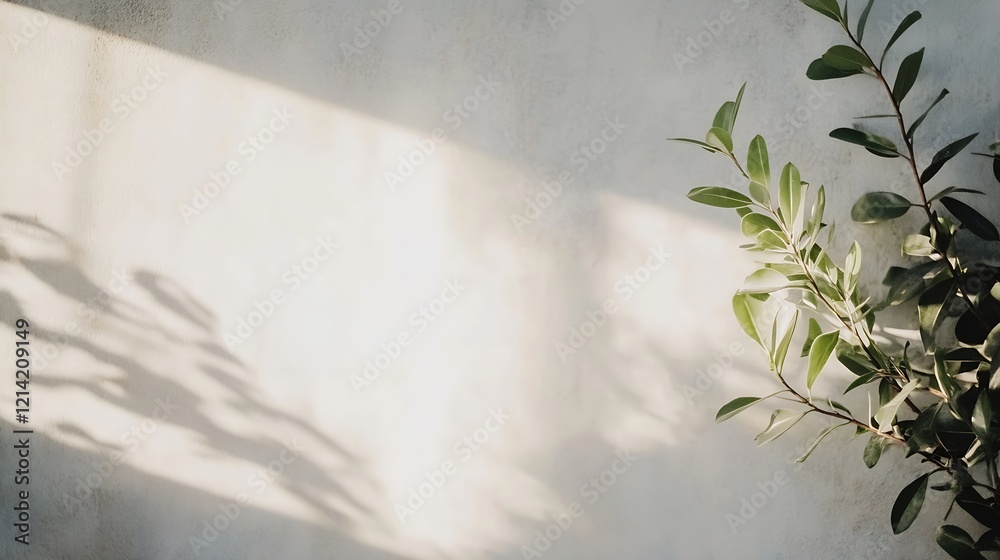 Poster minimalistic artistic composition of shadow and light with green foliage on textured wall : generati