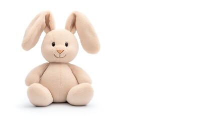 Fototapeta premium Soft plush rabbit toy sitting on a white background, evoking a sense of comfort and childhood nostalgia