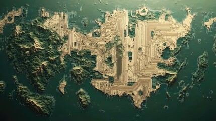 Stylized map of the world with digital elements, such as circuit board lines and pixelated continents
