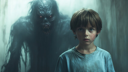 Child fears a shadowy figure. A young boy looks frightened as a dark, monstrous figure looms menacingly behind him in an eerie setting.