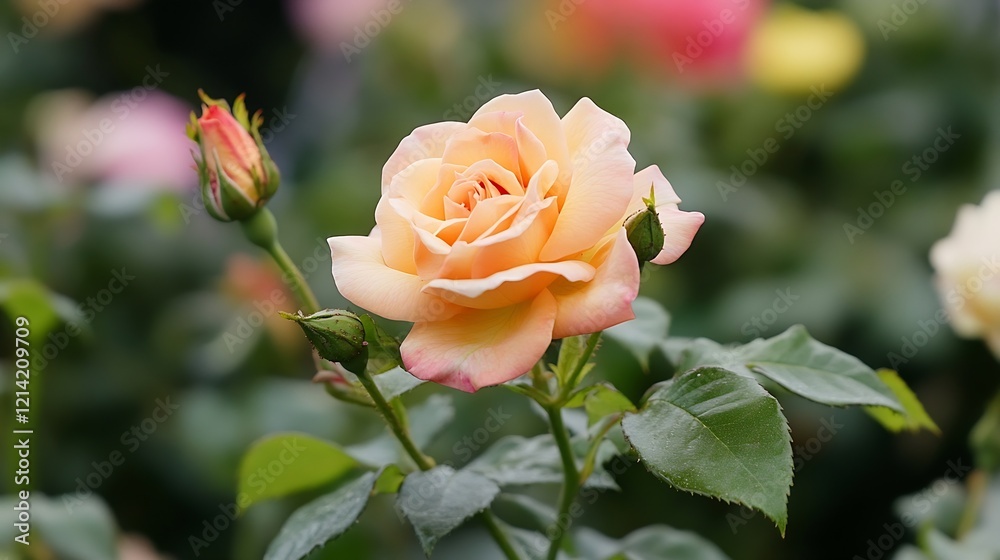 Poster elegant peach rose and buds in bloom with green leaves in garden setting : generative ai