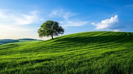 Lone Tree on a Serene Rolling Green Hill Under a Clear Blue Sky : Generative AI