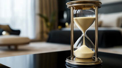 Close-up of an hourglass with golden sand flowing on a sleek black surface, symbolizing the passage of time and the importance of managing moments effectively.