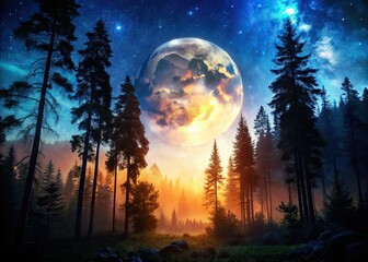 Naklejka premium Moonlit woods, mystical silhouettes dance, dark fantasy unfolds in magical night photography.